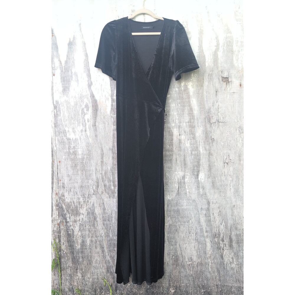 Merokeety Black Velvet Wrap Tie Maxi Dress Vampy Dark Coquette Women's Small